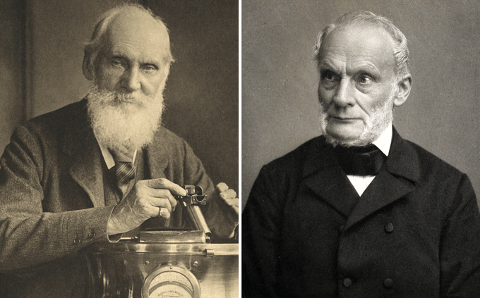 Two side-by-side photographs of Lord Kelvin (left) and Rudolf Clausius (right)